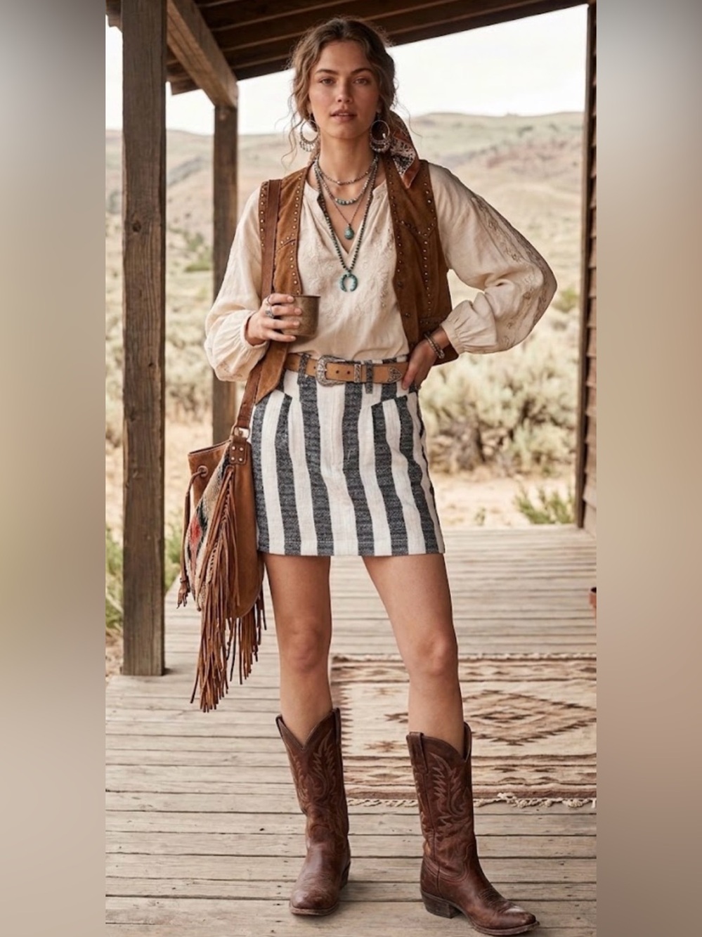 Dear John linen blend Striped Skirt size 26 western casual twee gypsy boho